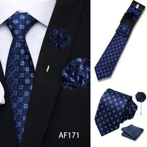 Men's blue floral jacquard tie pocket square and lapel pin set for business wedding parties.