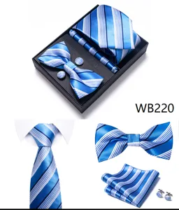 Blauwe gestreepte stropdas vlinderdas pochet manchetknopen set geschenkdoos huwelijk.