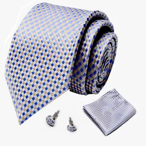 Heren blauw goud geruite stropdas set met bijpassende pochet en manchetknopen voor formele outfit.