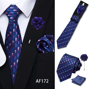 Men's navy blue geometric jacquard tie set featuring a stylish pocket square and lapel flower.