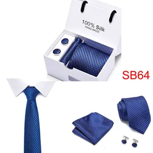 Herren Krawatte Set Luxus Seide Business Hochzeit Geschenkbox mit Manschettenknöpfen blau