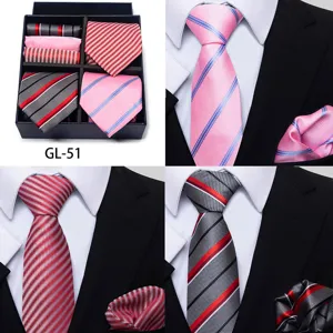 Mens business tie gift box set, striped jacquard necktie and pocket square for wedding.