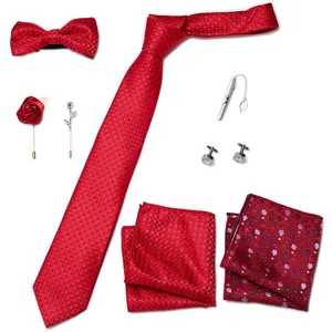 Rode heren stropdas set met vlinderstrik pochet manchetknopen voor bruiloft en formele zaken.