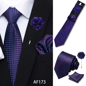 Men's purple jacquard tie set featuring checkered pattern, pocket square, and lapel pin for men.