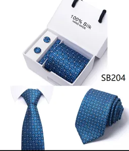 Heren zakelijke bruidskropdas cadeau set blauwe jacquard stropdas manchetknopen formal