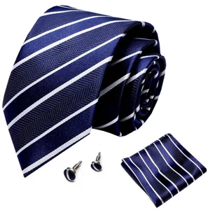 Blauwe das, pochet en manchetknopen set, elegant visgraat motief detail voor heren.