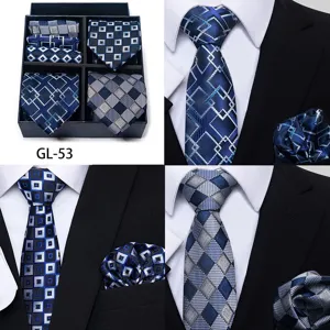 Men business formal tie and pocket square set blue jacquard plaid wedding gift box.
