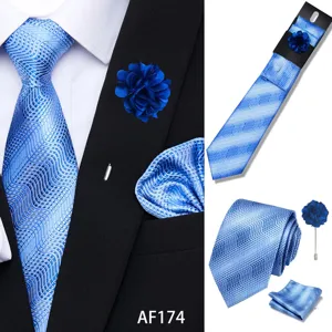 Men's Blue Wavy Jacquard Tie Set Wedding Business Necktie Pocket Square Brooch