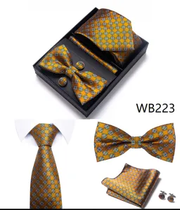 Heren Luxe Goud Geometrisch Stropdas Strik Zakdoek Manchetknopen Geschenkdoos Set