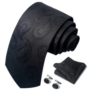 Zwarte paisley stropdas set voor heren inclusief pochet en manchetknopen voor formele outfits.