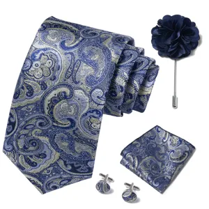 Conjunto de corbata paisley azul para hombre con pañuelo, gemelos y pin de solapa elegante.