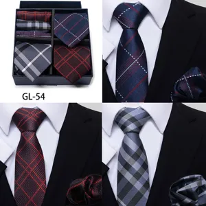 Men's business formal plaid tie and pocket square gift box set for wedding and work.