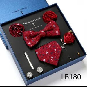 Luxe heren rode bloemen jacquard vlinderdas zakdoek broche manchetknopen cadeauset.