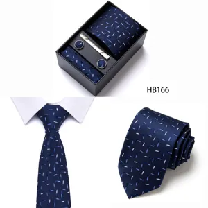 Men blue jacquard business tie set with pocket square, cufflinks and stylish tie clip.