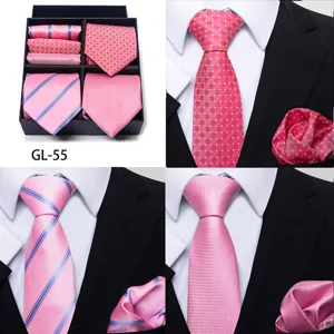 Men's pink necktie set business formal wedding gift box with matching pocket square