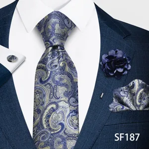 Conjunto Corbata Hombre Azul Paisley Seda Pañuelo Solapa Gemelos Elegante Negocios