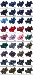 Men bow tie pocket square cufflink set details, jacquard polyester formal suit accessory.