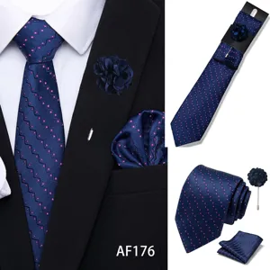 Men's navy blue jacquard tie set featuring stylish zigzag polka dot pattern for business events.
