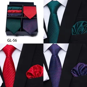 Men's business formal plaid jacquard tie gift box set, detailed view showing tie and pocket square.
