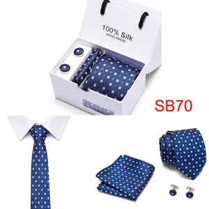 Luxus Herren blaue Seide Jacquard Krawatte Einstecktuch Manschettenknöpfe Set Detail.