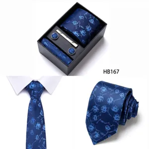 Men's business blue jacquard tie set with gift box, pocket square, cufflinks and tie clip.