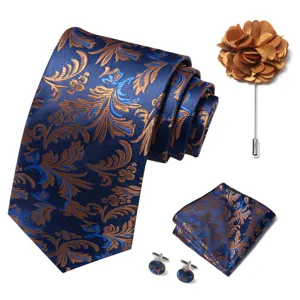 Conjunto de corbata floral azul pañuelo de bolsillo solapa gemelos para hombre negocios