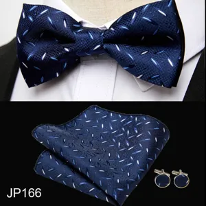 Mens Navy Blue Jacquard Bow Tie Pocket Square Cufflinks Set Wedding Business Formal