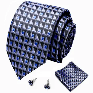 Blauwe heren stropdas set 3-delig met geometrisch patroon, pochet en manchetknopen voor formele outfit.