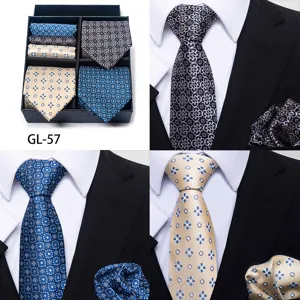 Men's business tie and pocket square gift box set, elegant jacquard wedding formal wear.