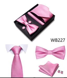 Heren roze stropdas set met vlinderdas pochet en manchetknopen voor bruiloft cadeau.