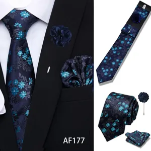 Men's floral jacquard tie set with pocket square and lapel pin for business events.