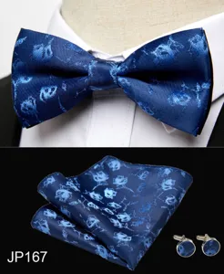 Men's blue floral jacquard bow tie pocket square and cufflinks wedding formal set.