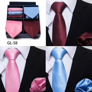 Mens grid jacquard tie and pocket square gift set for business suit wedding groom outfit.