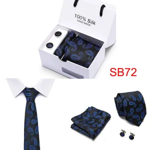 Seidenkrawatte Paisley Set mit Einstecktuch und Manschettenknöpfen für Hochzeit Business.