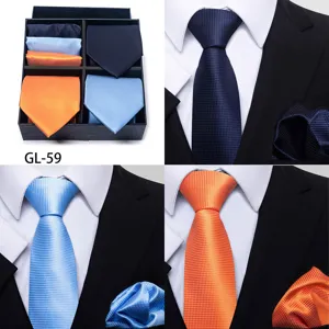 Men business formal tie gift box set, grid jacquard design with matching pocket square.