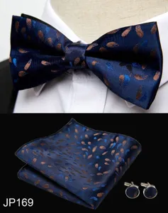 Men's blue paisley bow tie pocket square cufflinks set for formal business wedding banquets.