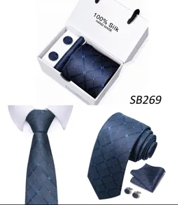 Heren blauwe jacquard zijden das set met manchetknopen en pochet voor zakelijke formele kleding.