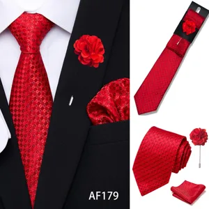 Detailed view of red jacquard tie pocket square and lapel flower set for men business
