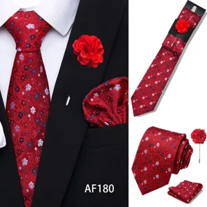 Men's red floral jacquard tie pocket square lapel pin set for business wedding party