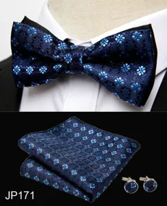 Men's navy blue jacquard bow tie pocket square and cufflinks set for wedding and business suit.
