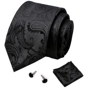 Gedetailleerd aanzicht van zwarte paisley stropdas set met pochet en manchetknoppen