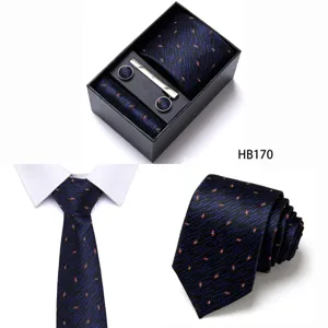 Men's business jacquard necktie gift box set with pocket square cufflinks and tie clip.