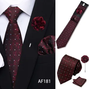 Burgundy men's jacquard tie pocket square brooch set, stylish wedding business party necktie.