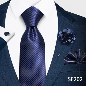 Conjunto de Corbata de Rayas Azul Marino para Hombre con Pañuelo Boutonnière Gemelos