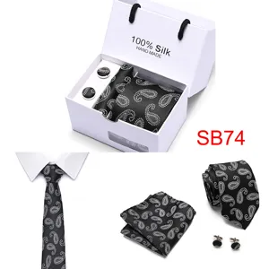 Detailansicht Herren Seide Paisley Krawatte Einstecktuch Manschettenknöpfe Geschenkset schwarz.