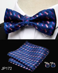 Men's blue geometric jacquard bow tie pocket square and cufflinks set for wedding business.