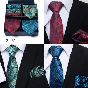 Mens Paisley Jacquard Tie and Pocket Square Gift Box Set for Business Wedding Suit