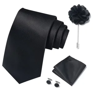 Conjunto corbata traje negro hombre 4 piezas pañuelo bolsillo ojal gemelos accesorios