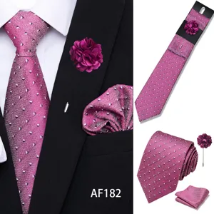 Detailed view of men's purple jacquard tie set featuring matching pocket square and lapel pin.