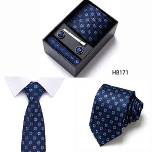 Men's business blue tie gift box set with pocket square and cufflinks for formal wear.
